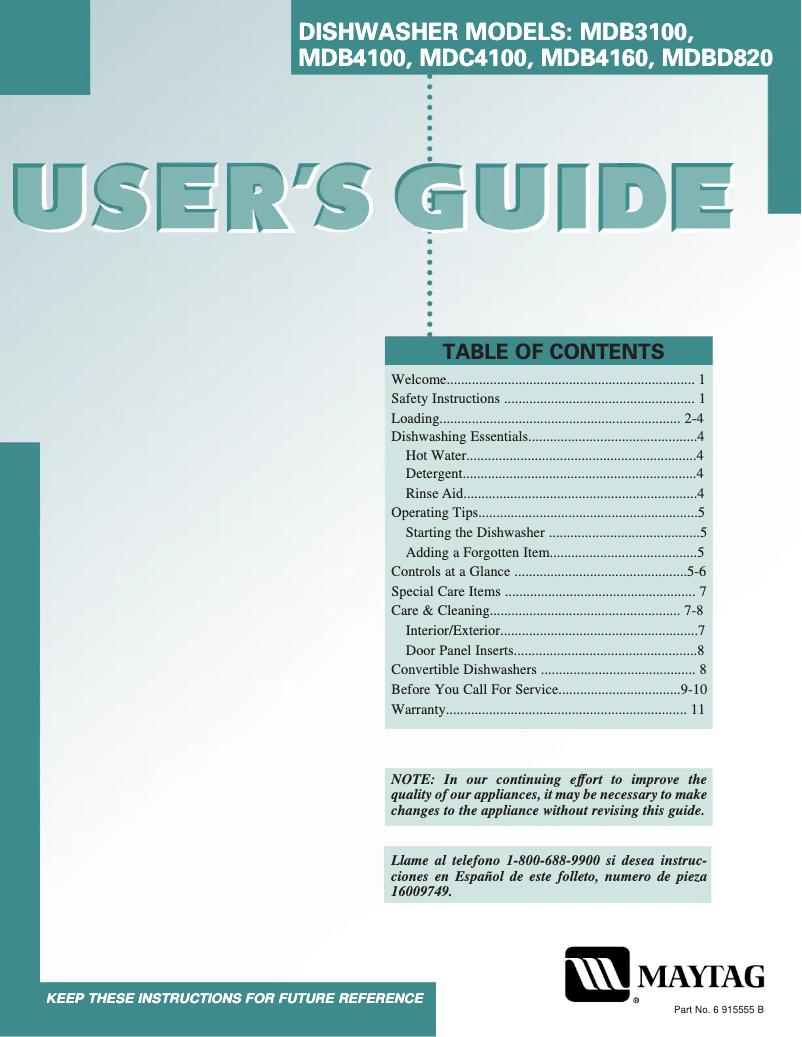 Page 1 de la notice Manuel utilisateur Maytag MDB3100