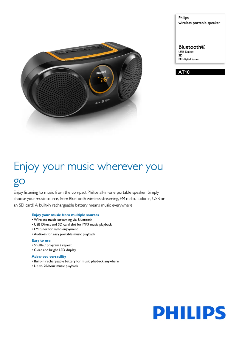 Page 1 de la notice Fiche technique Philips AT10