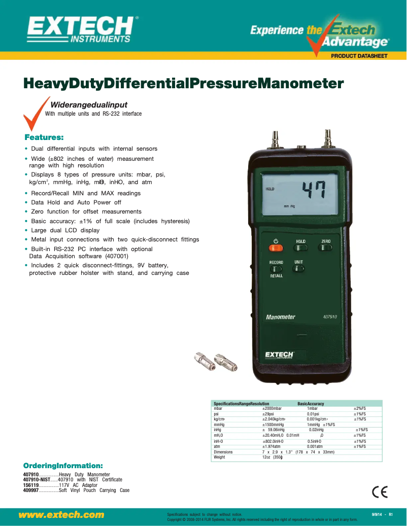 Page 1 de la notice Fiche technique Extech 407910