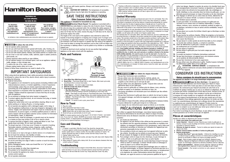 Page 1 de la notice Manuel utilisateur Hamilton Beach Sure-Toast 22820