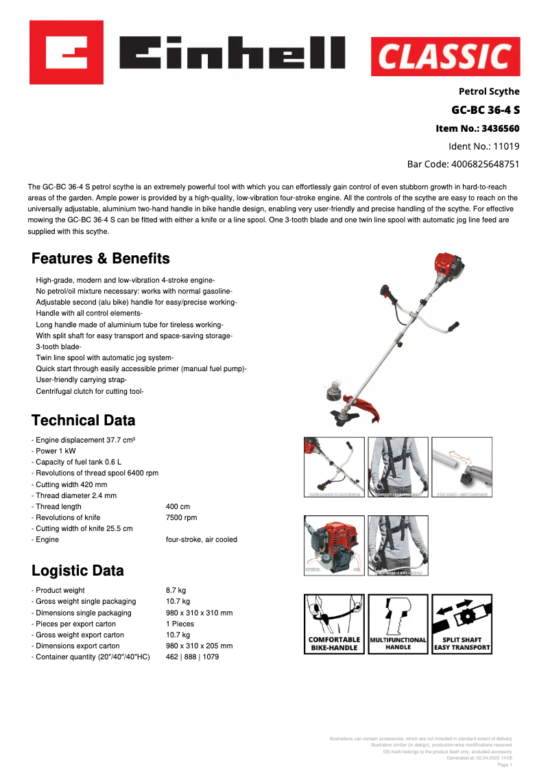 Page n°1 - Fiche technique Einhell GC-BC 36-4 S