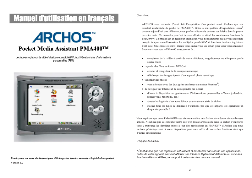 Page 1 de la notice Manuel utilisateur Archos PMA400