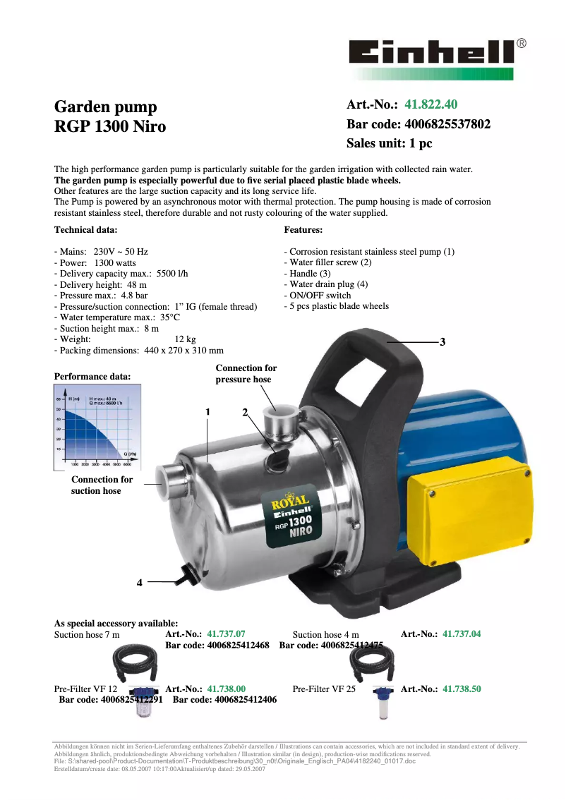 Page 1 de la notice Manuel utilisateur Einhell RGP 1300 Niro