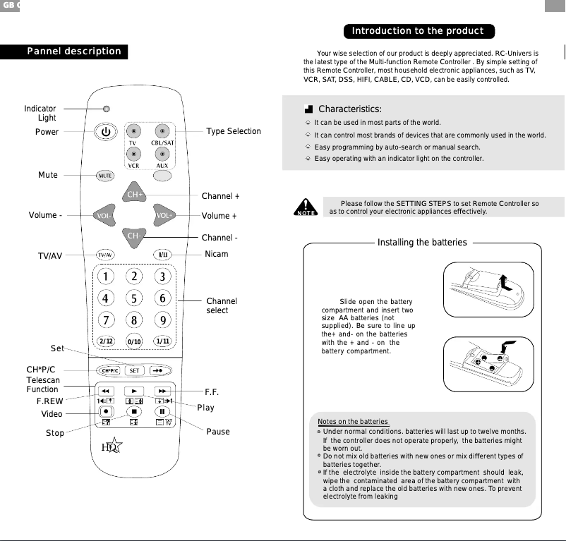 Page n°1 - Manuel utilisateur HQ RC UNIVERS30