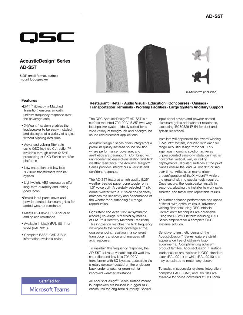 Page 1 de la notice Fiche technique QSC AD-S5T