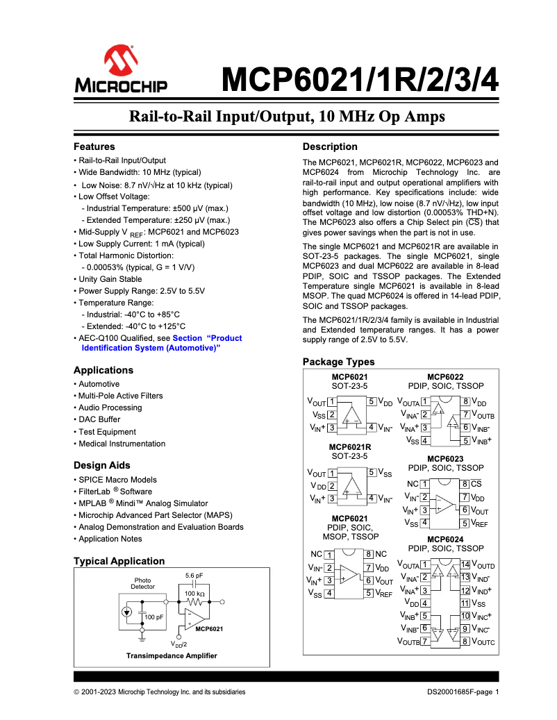 Page 1 de la notice Fiche technique Microchip MCP6021