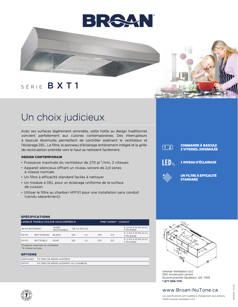 Page 1 de la notice Brochure Broan BXT130WW