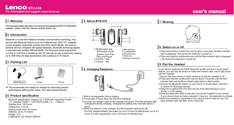 Page n°1 - Manuel utilisateur Lenco BTE-010