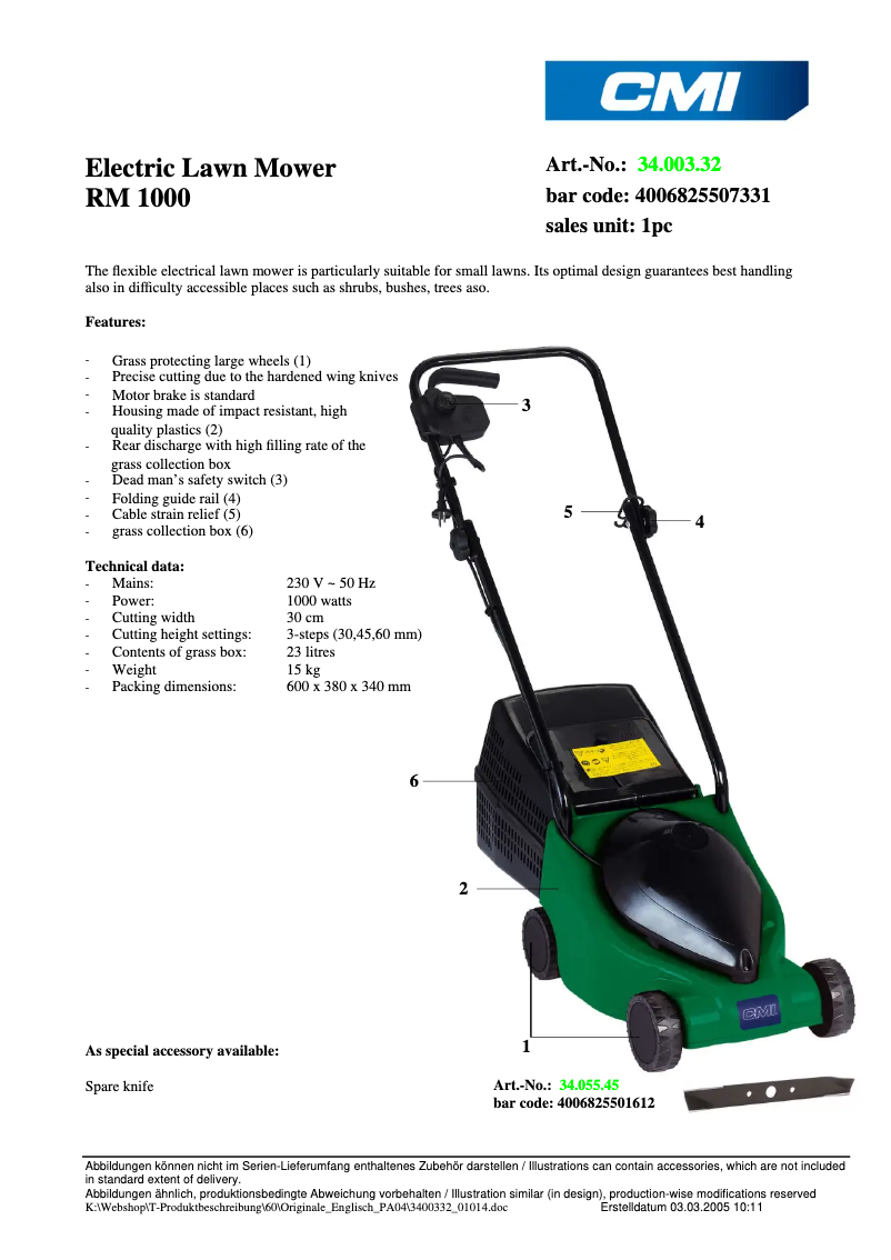 Page n°1 - Fiche technique CMI RM 1000