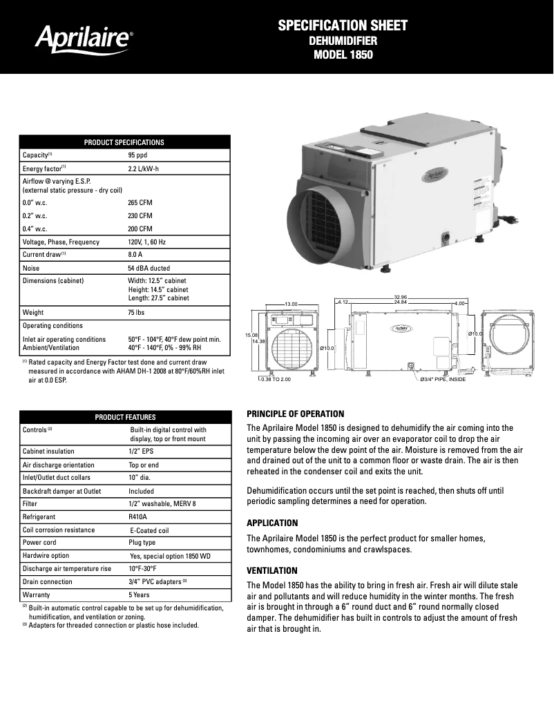 Page n°1 - Fiche technique Aprilaire 1850