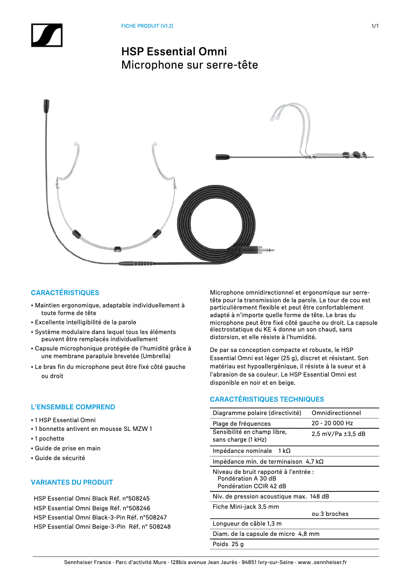 Page 1 de la notice Fiche technique Sennheiser HSP Essential Omni