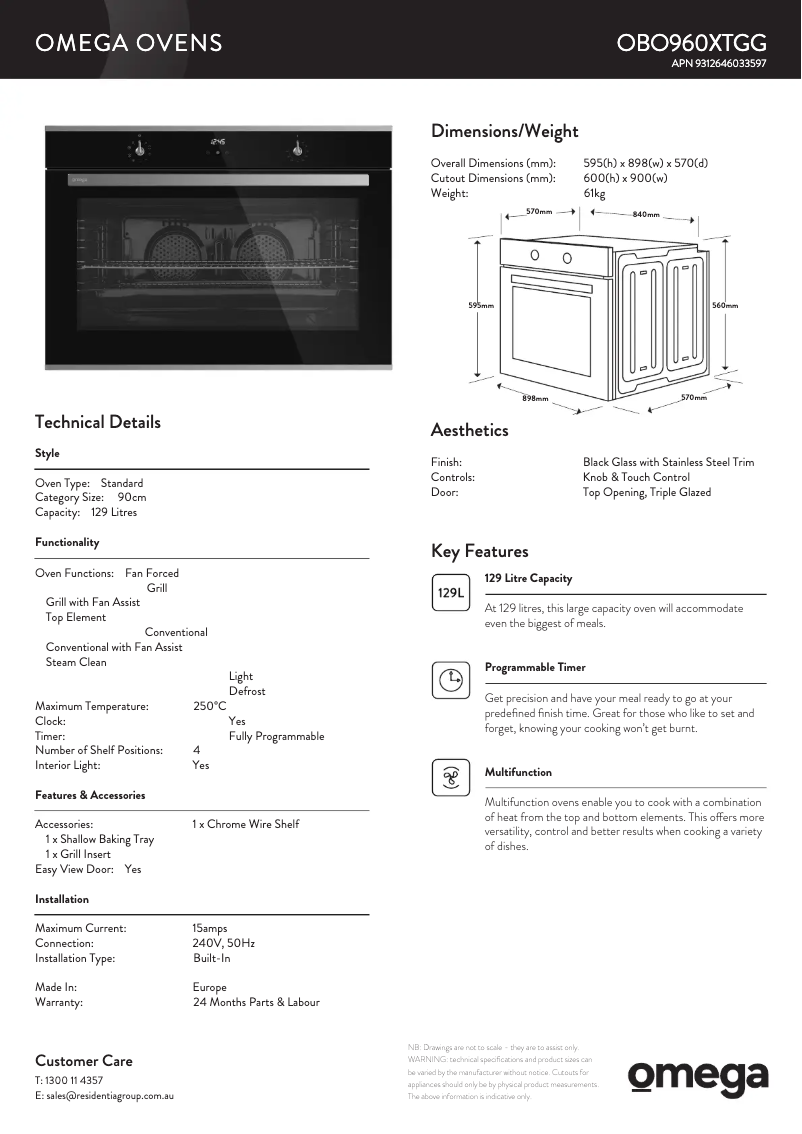 Page 1 de la notice Fiche technique Omega OBO960XTGG