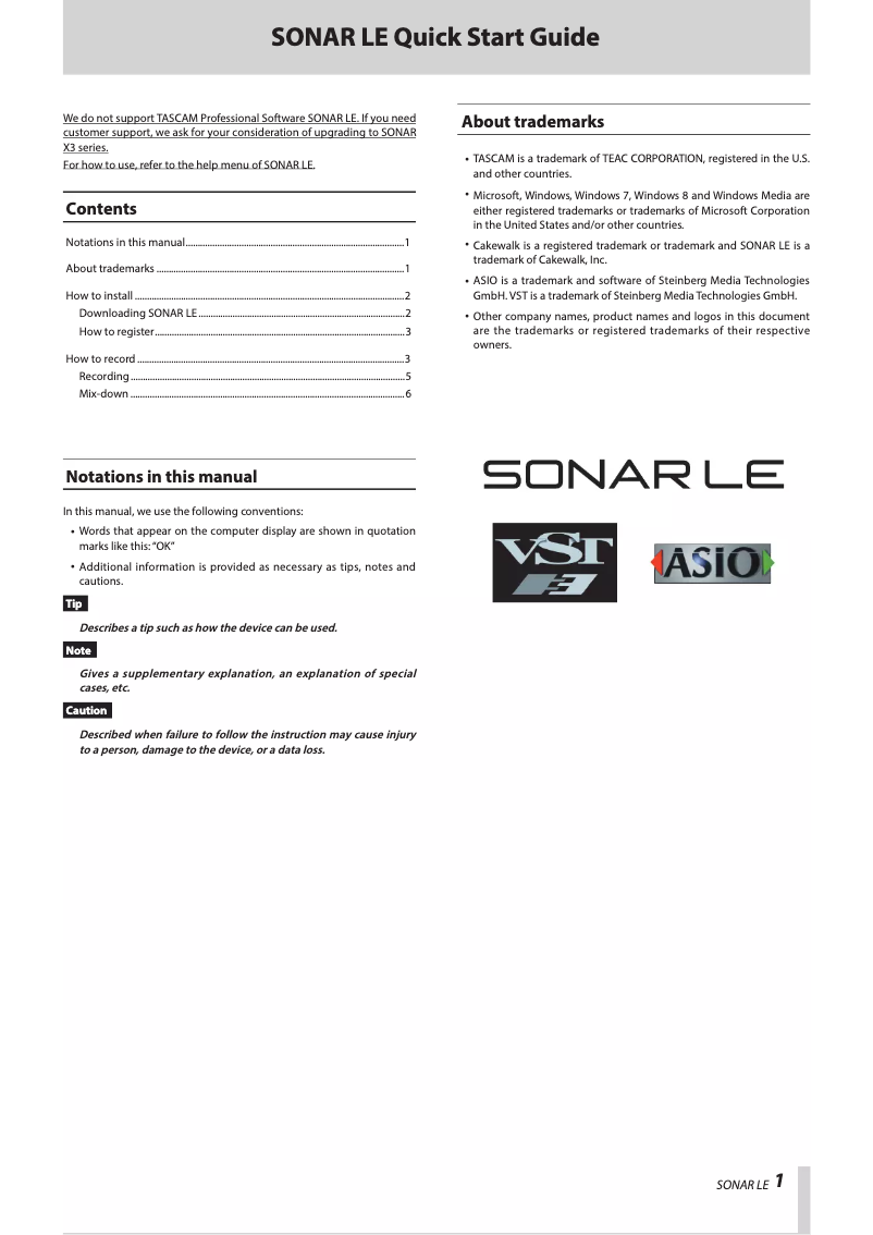 Page 1 de la notice Manuel utilisateur Cakewalk LE