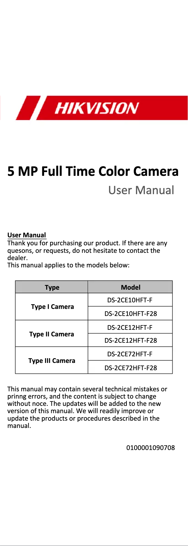 Image de la première page du manuel de l'appareil DS-2CE72HFT-F