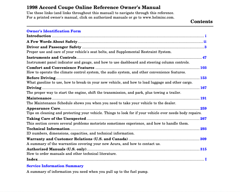 Page 1 de la notice Manuel utilisateur Honda Accord Coupe (1998)