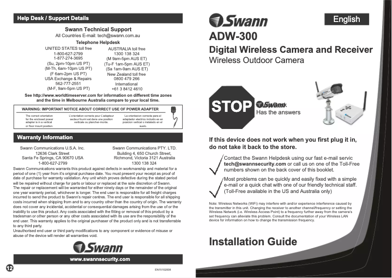 Page n°1 - Manuel utilisateur Swann ADW-300