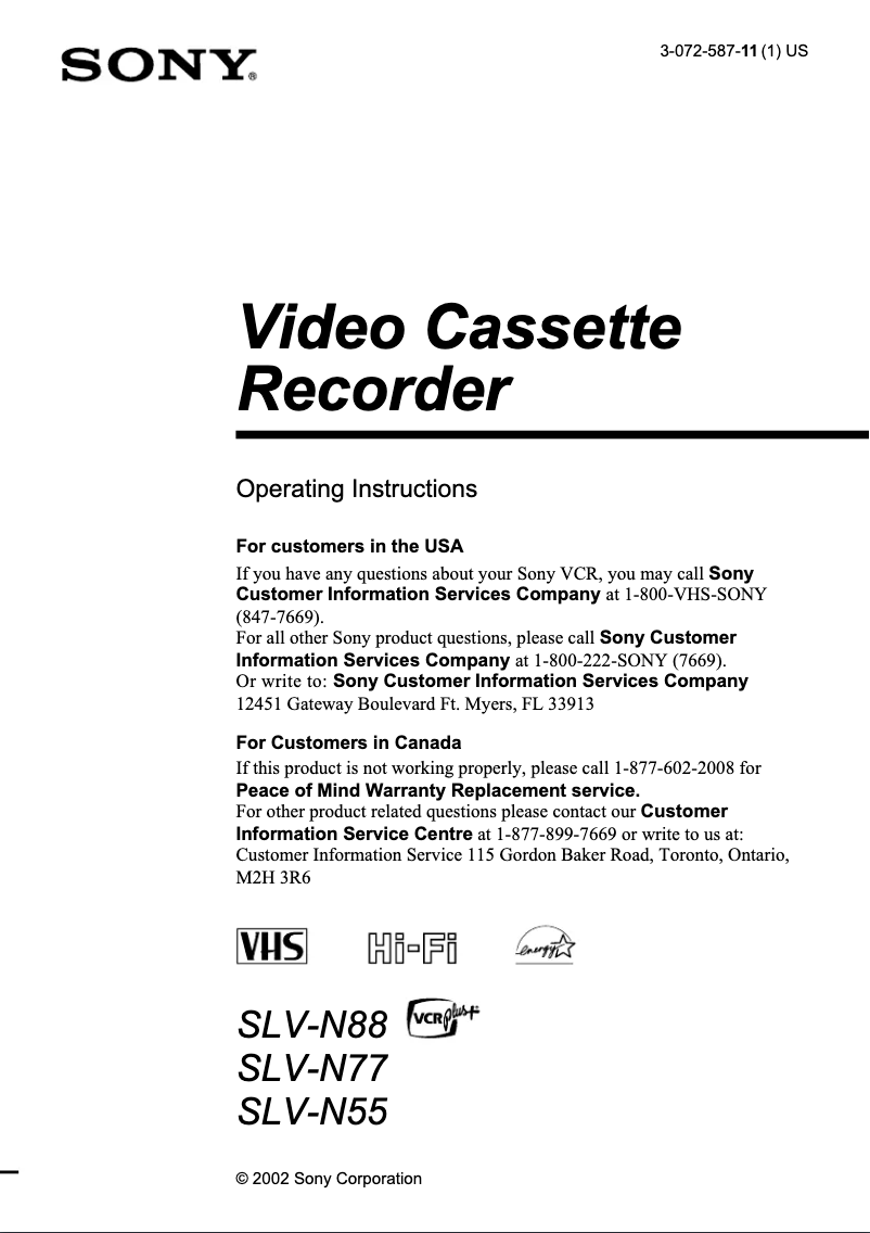 Page 1 de la notice Manuel utilisateur Sony SLV-N55