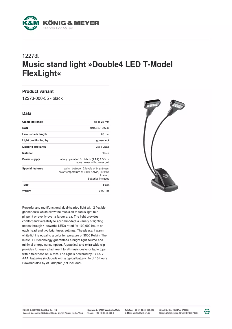 Page 1 de la notice Manuel utilisateur Konig & Meyer Double4 Led T-Model Flexlight 12273