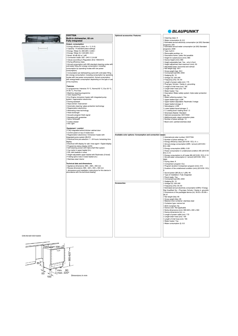Page n°1 - Fiche technique Blaupunkt 5VH770IA