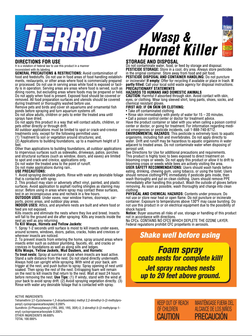 Page 1 de la notice Manuel utilisateur Terro Wasp & Hornet Killer