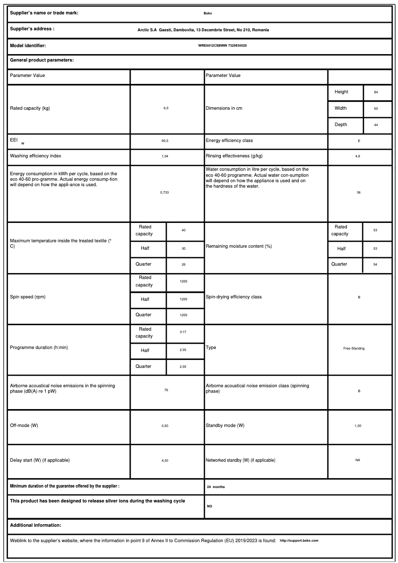 Page 1 de la notice Fiche technique Beko WRE6612CSBWW