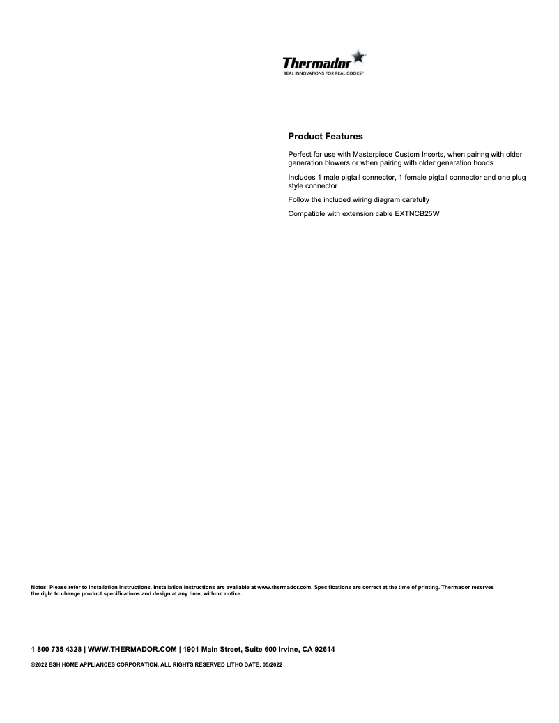 Page 1 de la notice Fiche technique Thermador EXTNSET4