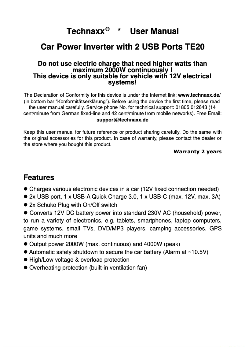 Page 1 de la notice Manuel utilisateur Technaxx TE20
