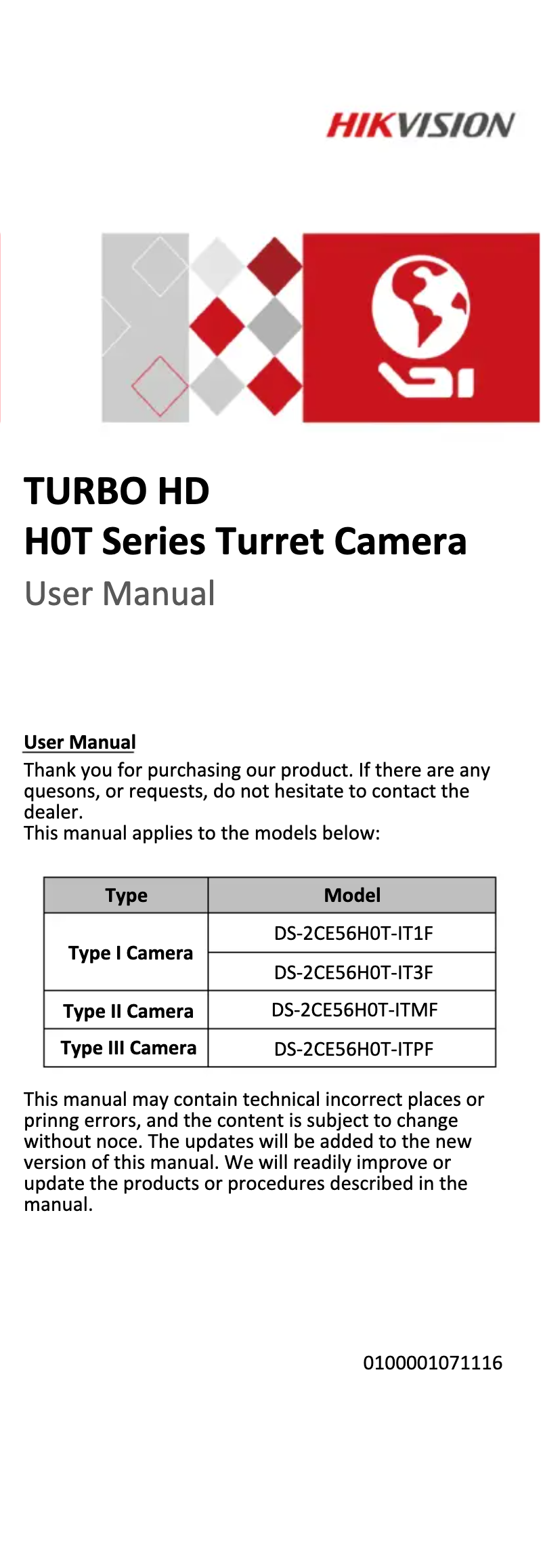 Page 1 de la notice Manuel utilisateur Hikvision DS-2CE56H0T-ITMF