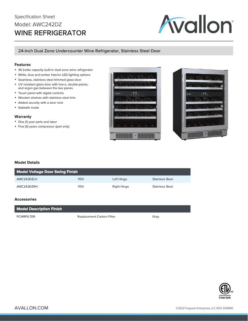 Page 1 de la notice Fiche technique Avallon AWC242DZRH