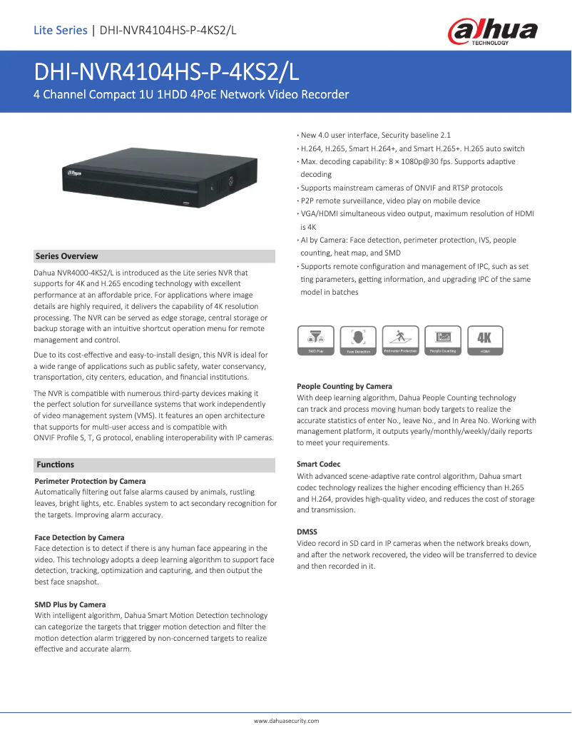 Page n°1 - Fiche technique Dahua Technology NVR4104HS-P-4KS2/L