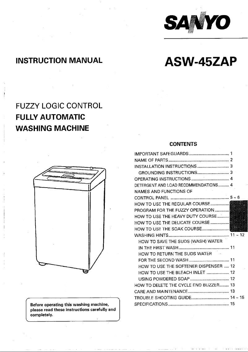Page 1 de la notice Manuel utilisateur Sanyo ASW-45ZAP
