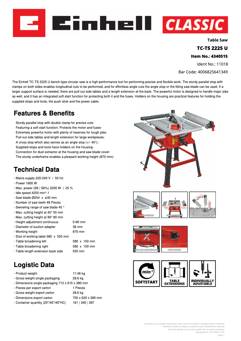Page n°1 - Fiche technique Einhell TC-TS 2225 U
