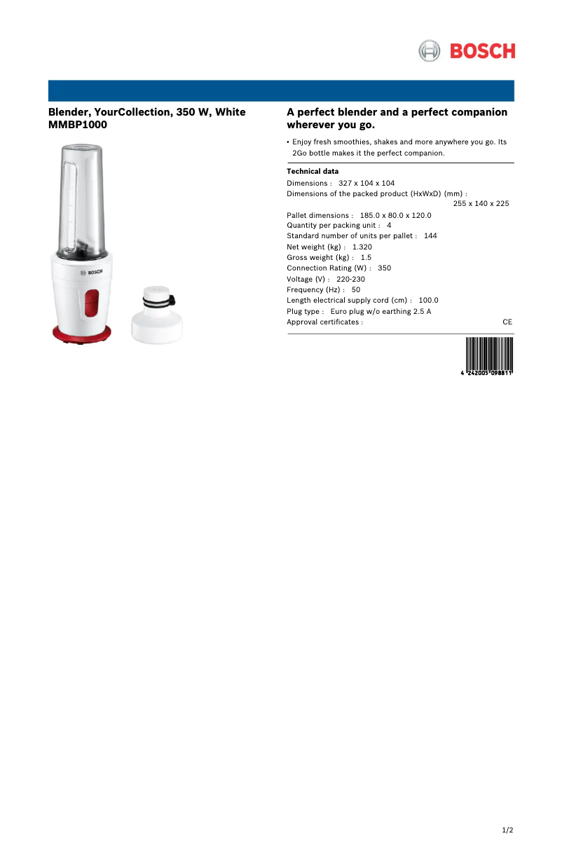 Page 1 de la notice Fiche technique Bosch YourCollection MMBP1000