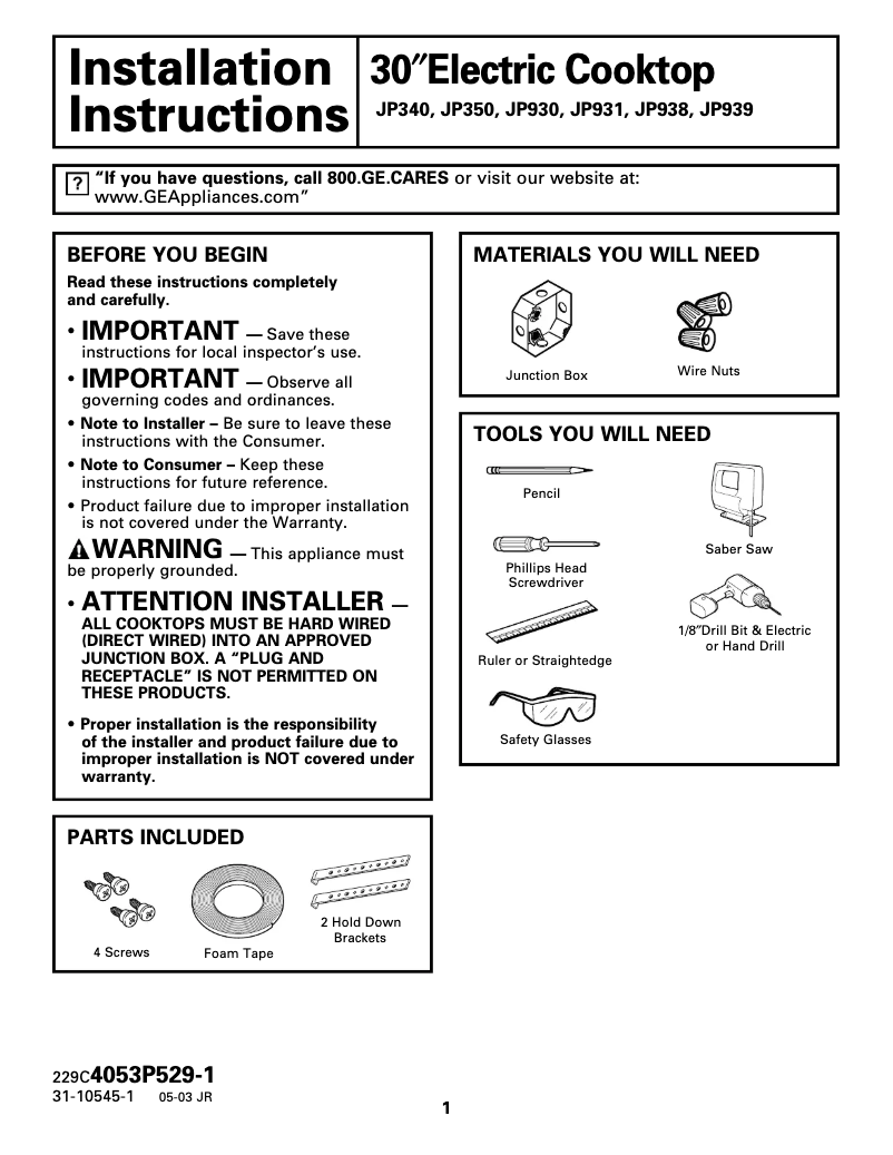 Page 1 de la notice Guide d'installation GE Profile JP938SCSS