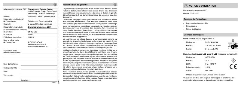 Image de la première page du manuel de l'appareil GT-TL-LED