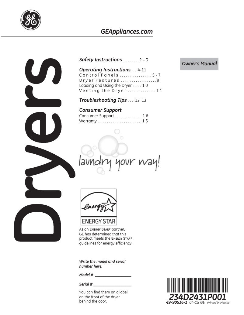 Page n°1 - Manuel utilisateur GE GTD65GBSJWS