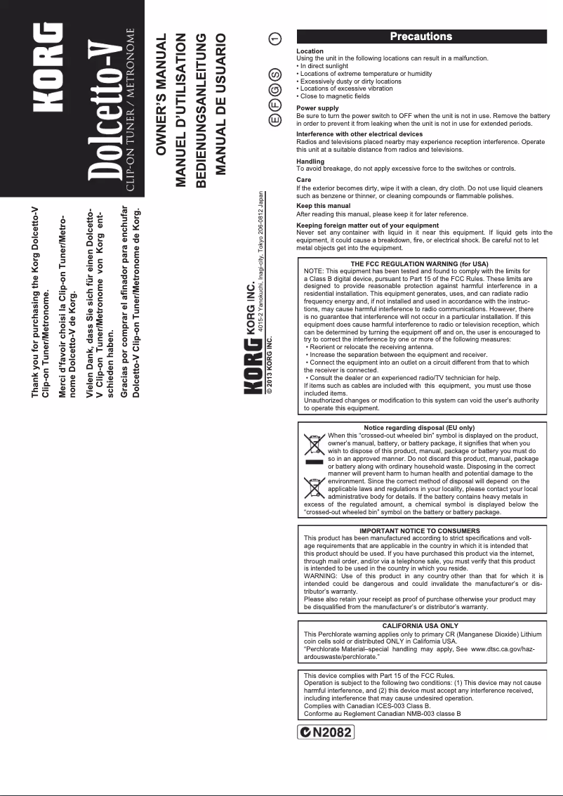 Page 1 de la notice Manuel utilisateur Korg Dolcetto-V