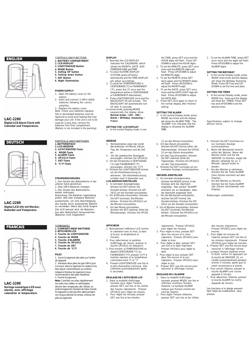 Page n°1 - Manuel utilisateur Roadstar LAC-2280