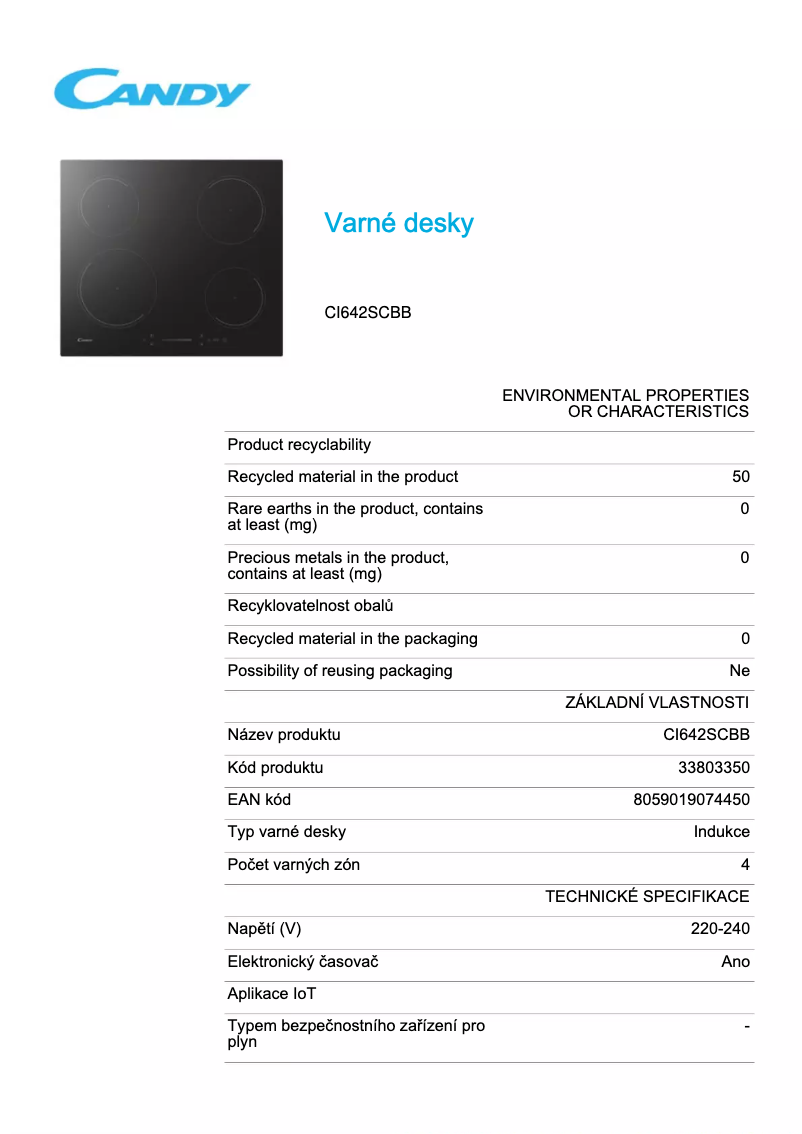 Page 1 de la notice Fiche technique Candy CI642SCBB