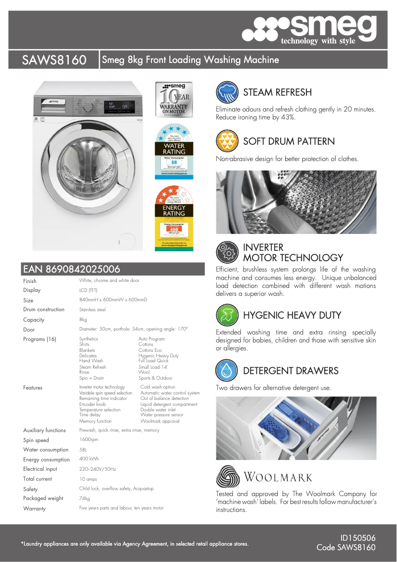 Page n°1 - Fiche technique Smeg SAWS8160