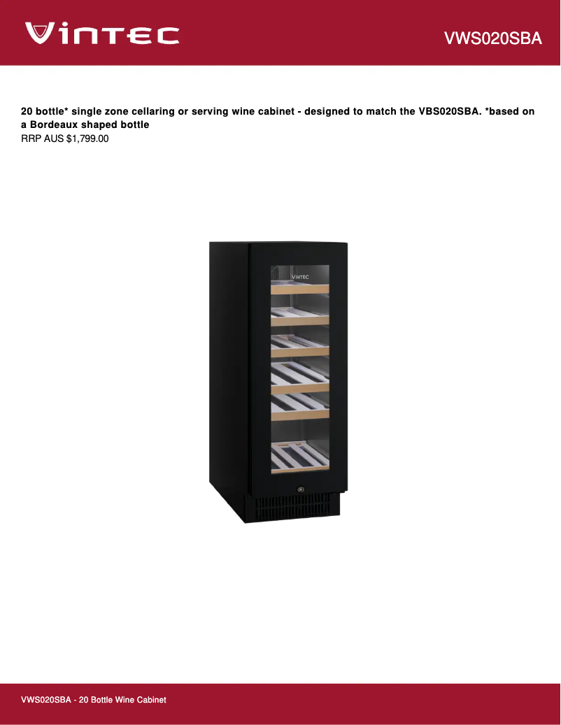 Page 1 de la notice Fiche technique Vintec VWS020SBA
