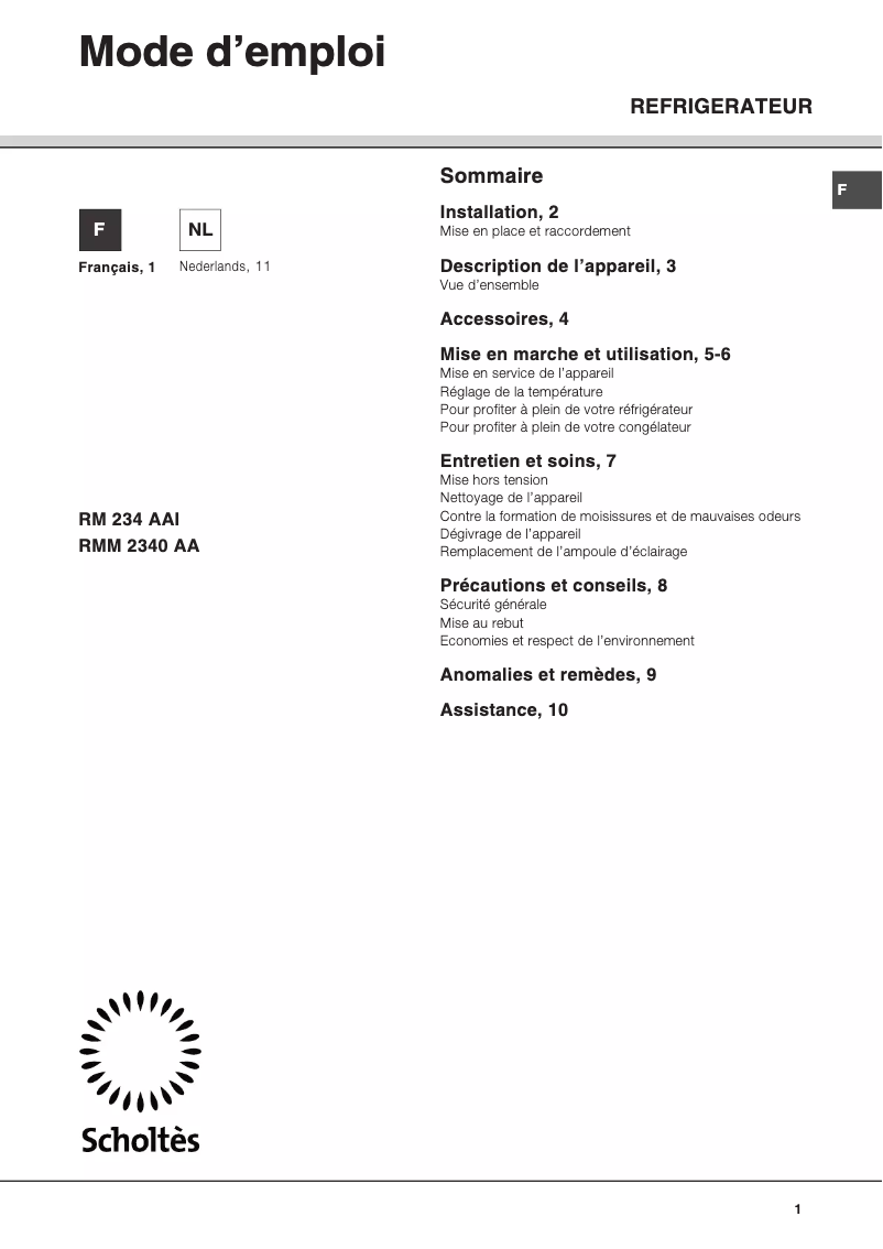 Page 1 de la notice Manuel utilisateur Scholtès RMM 2340 AA