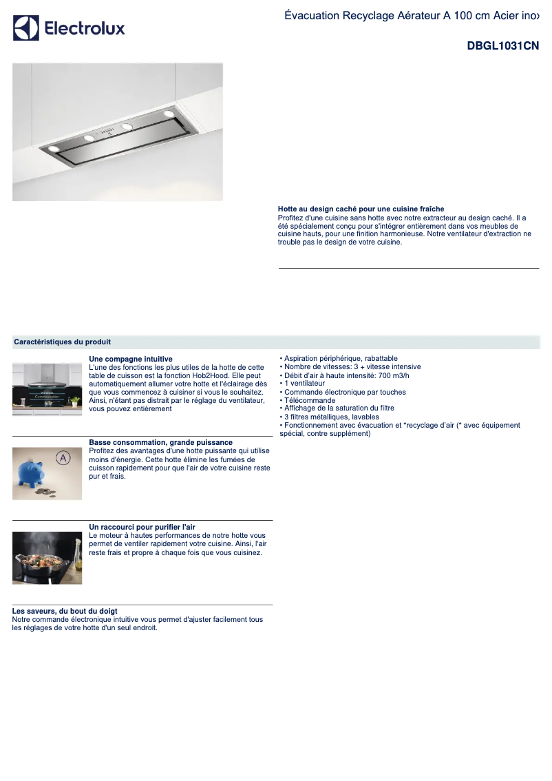 Page 1 de la notice Fiche technique Electrolux DBGL1031CN