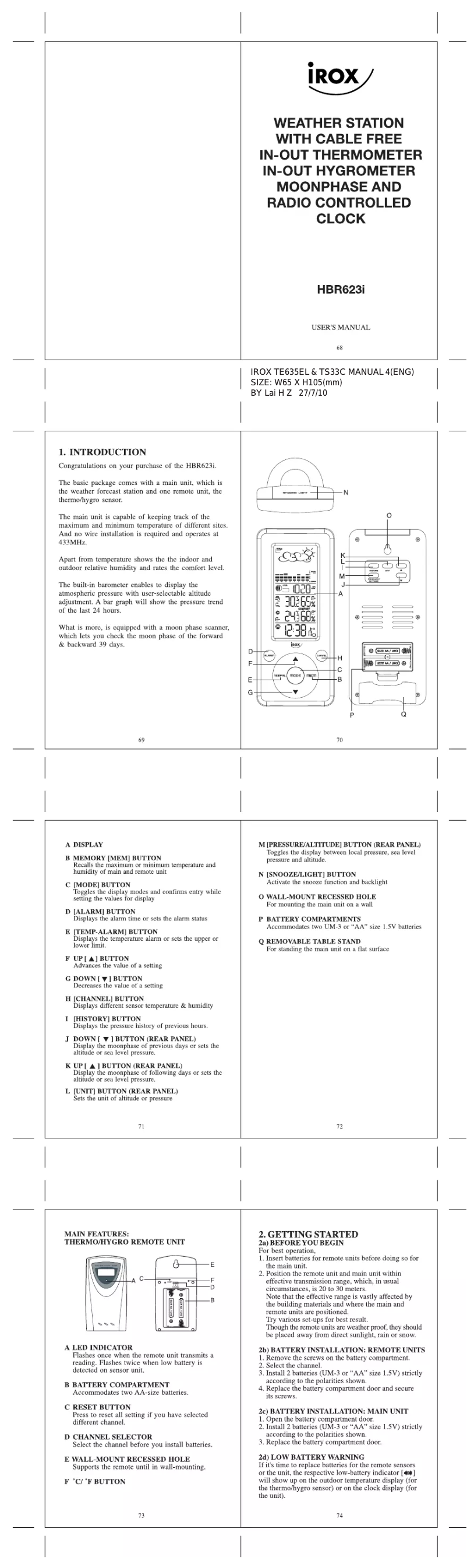 Page n°1 - Manuel utilisateur Irox HBR623i-B