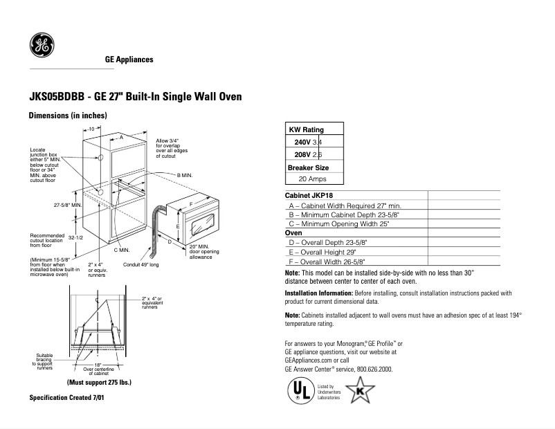 Página 1 del manual Ficha técnica GE JKS05BDBB