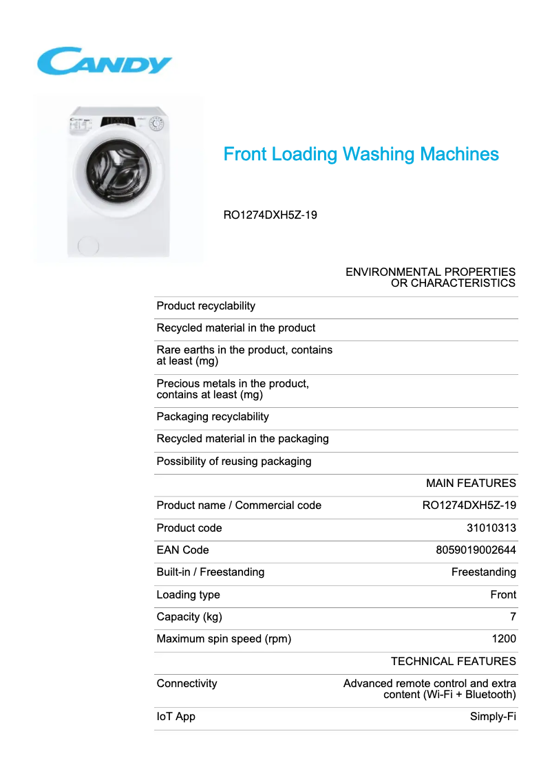 Page 1 de la notice Fiche technique Candy RO1274DXH5Z-19