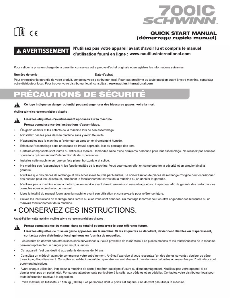 Page n°1 - Guide de démarrage rapide Schwinn 700IC