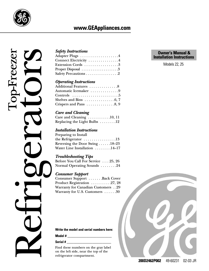 Page 1 de la notice Manuel utilisateur GE GTS22KCPCC