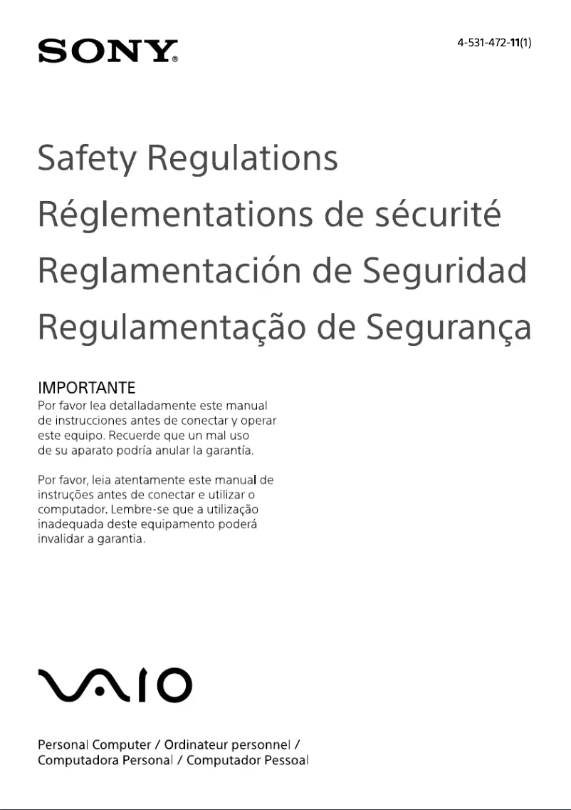 Image de la première page du manuel de l'appareil Vaio SVP11226PXS