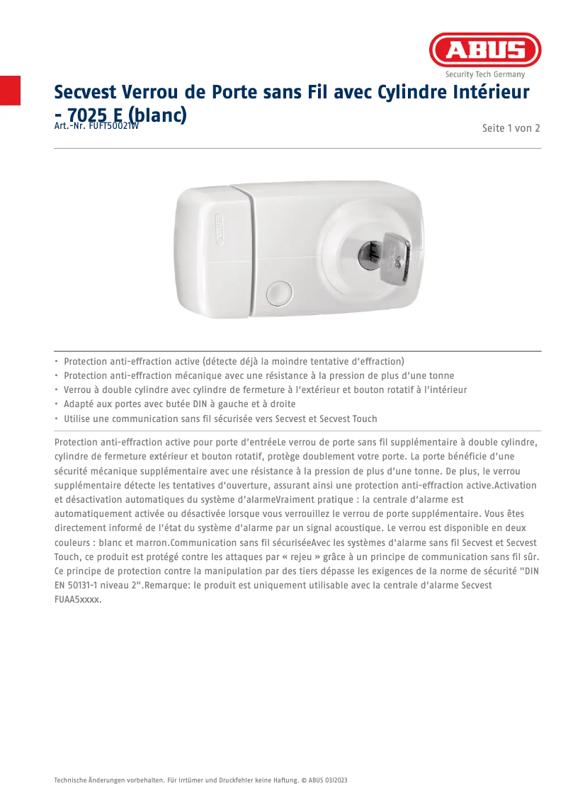 Page n°1 - Fiche technique Abus FUFT50021W